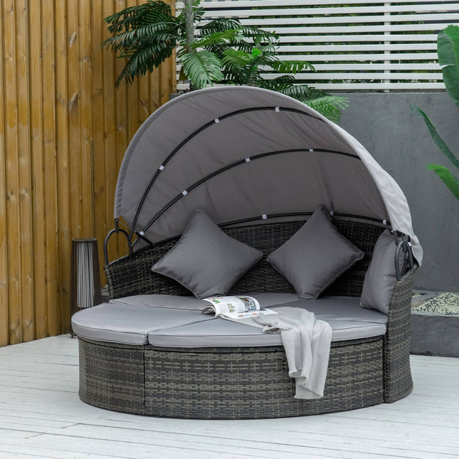 Îlot De Soleil En Polyrotin Avec Auvent Pliable, Chaise Longue De Jardin, Ensemble De Jardin, Gris, 171 X 180 X 155 Cm