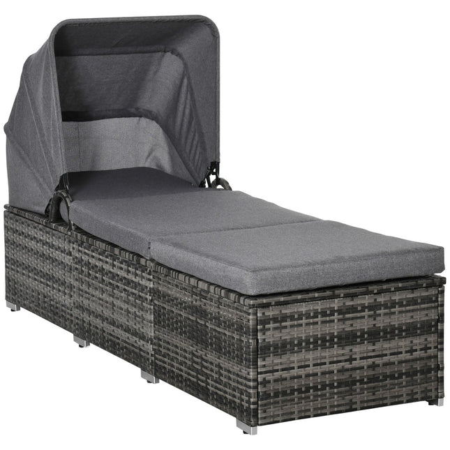 Sonnenliege aus Rattan mit Dach und Kissen, Grau 195 x 65 cm
