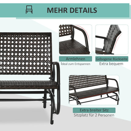 Banc À Balançoire En Polyrotin 2 Places Pour Patio Extérieur, Causeuse De Jardin, Balançoire De Jardin Avec Dossier, Banc De Parc, Marron, 70 X 120 X 84 Cm