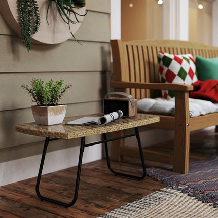 Table de jardin en polyrotin 90 x 50 x 45 cm, table d'appoint résistante aux UV avec plateau en verre, table de patio rectangulaire, table de balcon pour jardin, terrasse, balcon en bois naturel