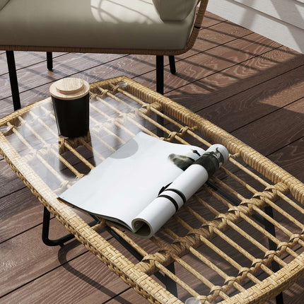 Table de jardin en polyrotin 90 x 50 x 45 cm, table d'appoint résistante aux UV avec plateau en verre, table de patio rectangulaire, table de balcon pour jardin, terrasse, balcon en bois naturel