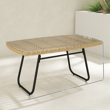 Table de jardin en polyrotin 90 x 50 x 45 cm, table d'appoint résistante aux UV avec plateau en verre, table de patio rectangulaire, table de balcon pour jardin, terrasse, balcon en bois naturel