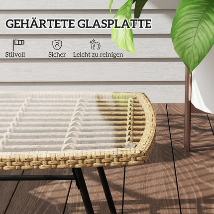 Table de jardin en polyrotin 90 x 50 x 45 cm, table d'appoint résistante aux UV avec plateau en verre, table de patio rectangulaire, table de balcon pour jardin, terrasse, balcon en bois naturel