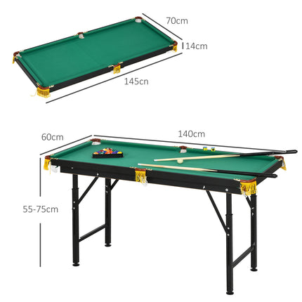 Table De Billard 4,6 Pieds Pliable 140 X 60 X 55-75 Cm Table De Billard Avec Accessoires, Triangle, 2 Queues, 16 Boules Pour Jeunes, Adultes, Acier, Vert