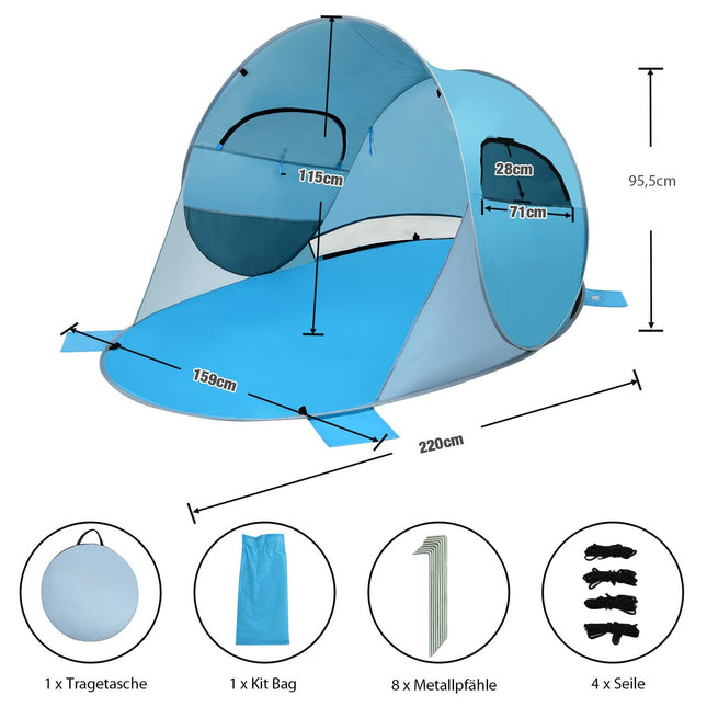 Pop Up Strandmuschel 3-4 Personen Strandzelt Sonnenschutz Wurfzelt für Outdoor Blau