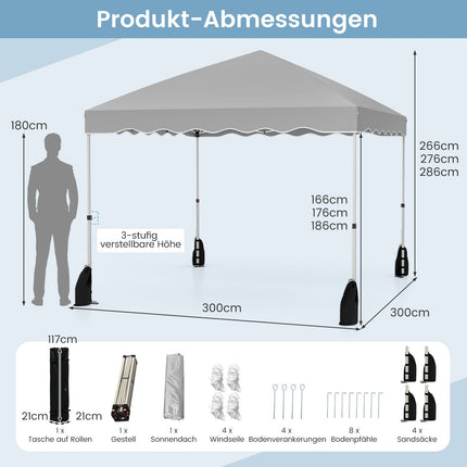 Pop-Up Pavillon 3x3m, Wasserdicht, Tragbar mit Zubehör