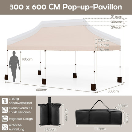 Pavillon pliant 3x6m, hauteur réglable, beige, protection UV