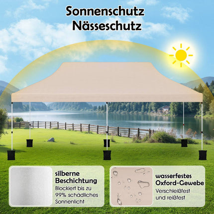 Pavillon pliant 3x6m, hauteur réglable, beige, protection UV