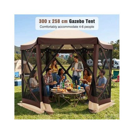 Pop-Up Pavilion for 4-6 People with 6 Mosquito Nets, Zippered Door, Brown