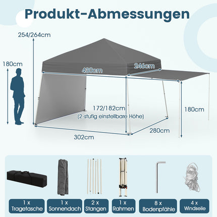 Tente pavillon pop-up, 430 x 280 cm, côtés convertibles, gris