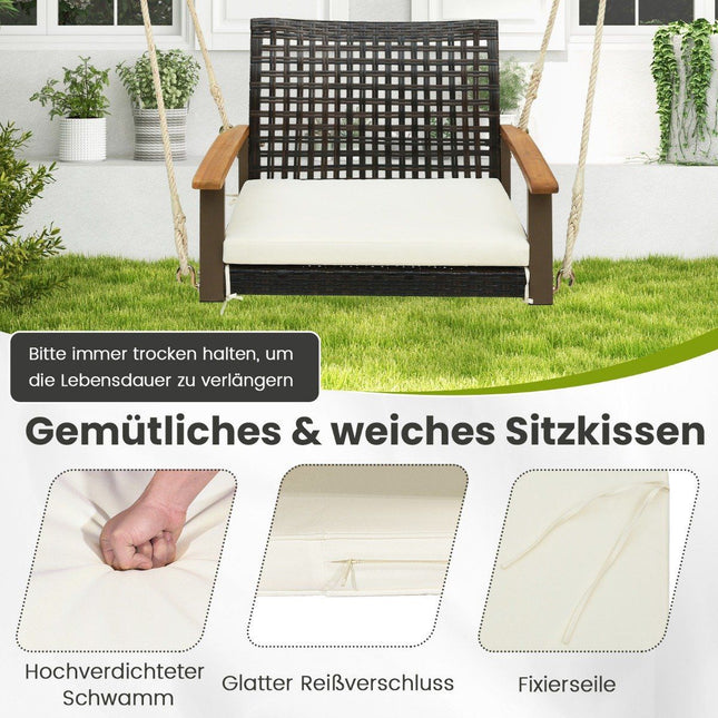 Hollywoodschaukel aus Rattan Einzel-Hängesitz aus Korbgeflecht mit Sitzpolster 81,5 x 70 x 53,5 cm