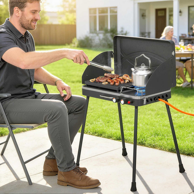 Tragbarer 2-Flammen-Gasgrill, 7 kW, Tischmodell umbaubar