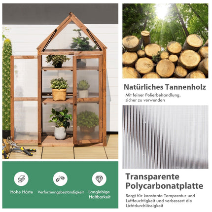 Tragbares Mini-Gewächshaus aus Holz mit 3 Etagen und herausnehmbaren Regalböden