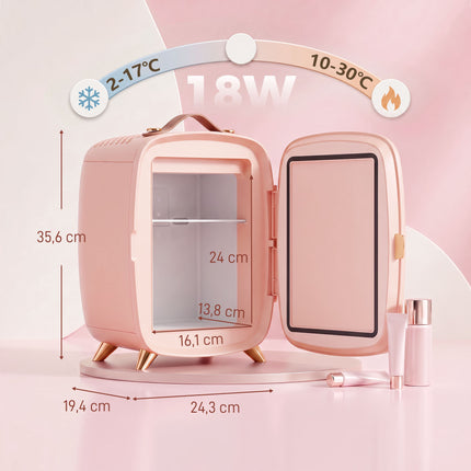 Mini-réfrigérateur portable rose de 6 L avec miroir LED pour cosmétiques