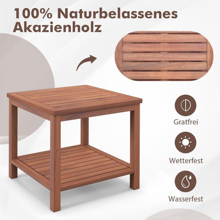 Table d'appoint portable en bois d'acacia, rangement à 2 niveaux, 45 x 45 x 45 cm