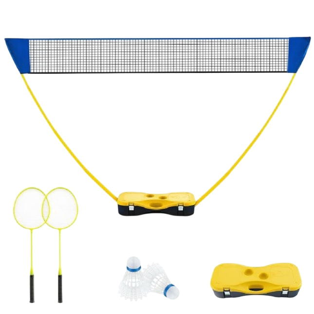 Ensemble de badminton portable avec filet de 270 cm, raquettes et étui de transport.