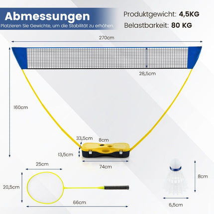 Tragbares Badminton-Set mit Netz, 2 Schlägern und Federbällen