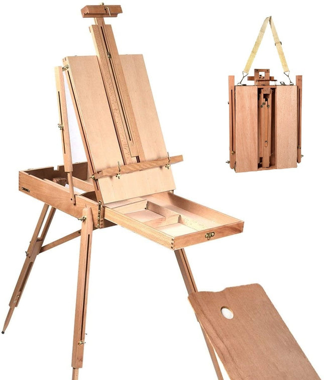 Chevalet portable en hêtre avec tiroir et étagère, 71 x 114 x 183 cm