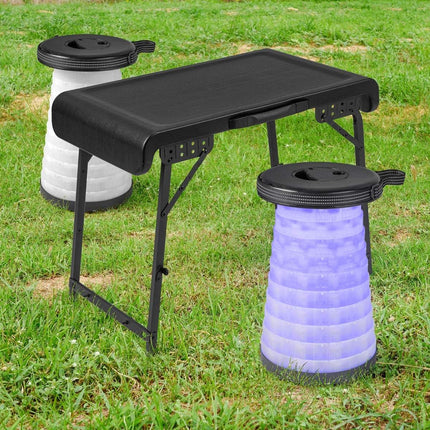 Tragbarer Campingtisch mit 2 LED-Hockern, höhenverstellbar