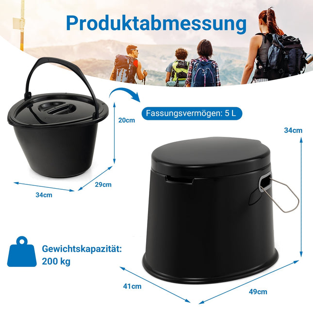 Toilettes de camping portables avec seau amovible, noires, capacité de 200 kg