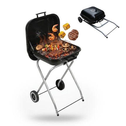 Barbecue portable au charbon de bois avec couvercle et roues, acier noir
