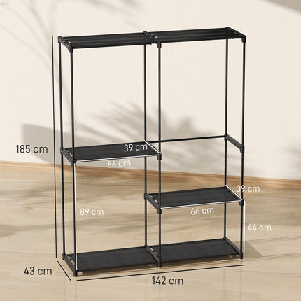 Portant à vêtements portable, structure en métal, étagères en tissu, noir