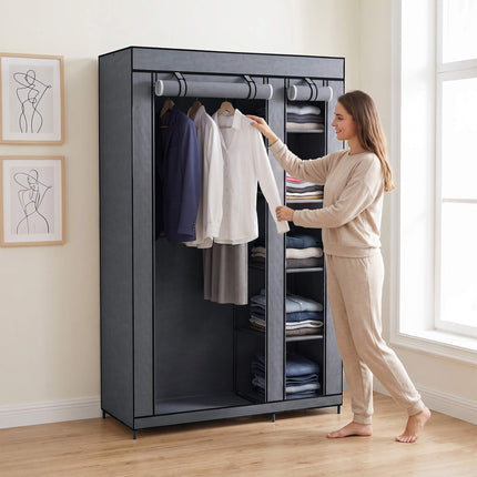 Armoire portable en tissu avec tringle et 5 étagères, grise