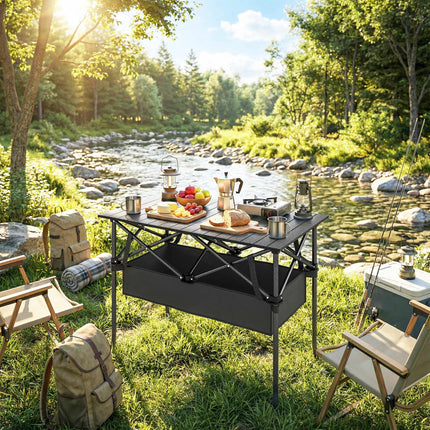 Tragbarer klappbarer Campingtisch mit Netzaufbewahrung, Schwarz