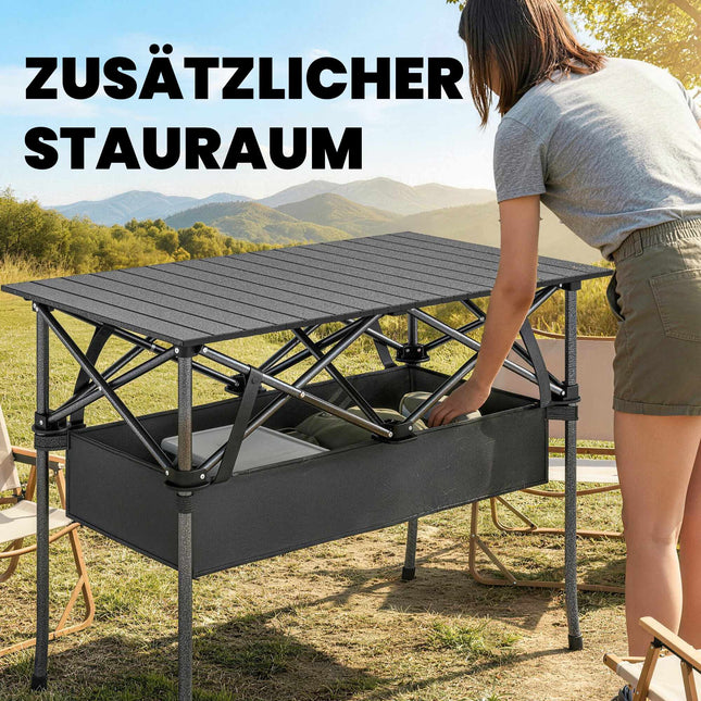 Table de camping pliante portable avec rangement en filet, noire