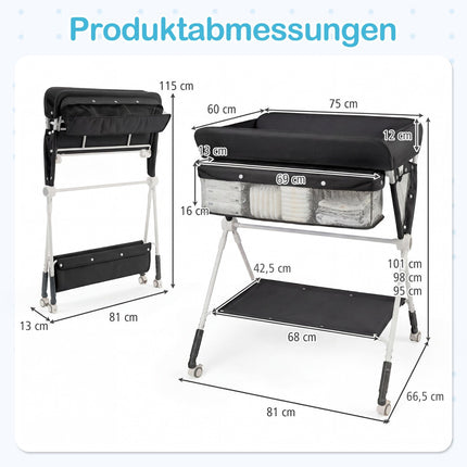 Tragbarer, zusammenklappbarer Wickeltisch mit verstellbarer Höhe, Schwarz