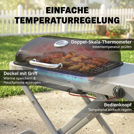 Barbecue à gaz portable avec 1 brûleur, chariot pliable et thermomètre