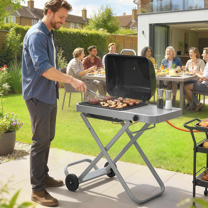 Barbecue à gaz portable avec 1 brûleur, chariot pliable et thermomètre