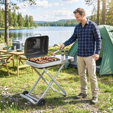 Barbecue à gaz portable avec 1 brûleur, chariot pliable et thermomètre