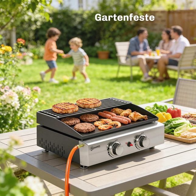 Tragbarer Gasgrill mit 2 Brennern, keramikbeschichteter Rost