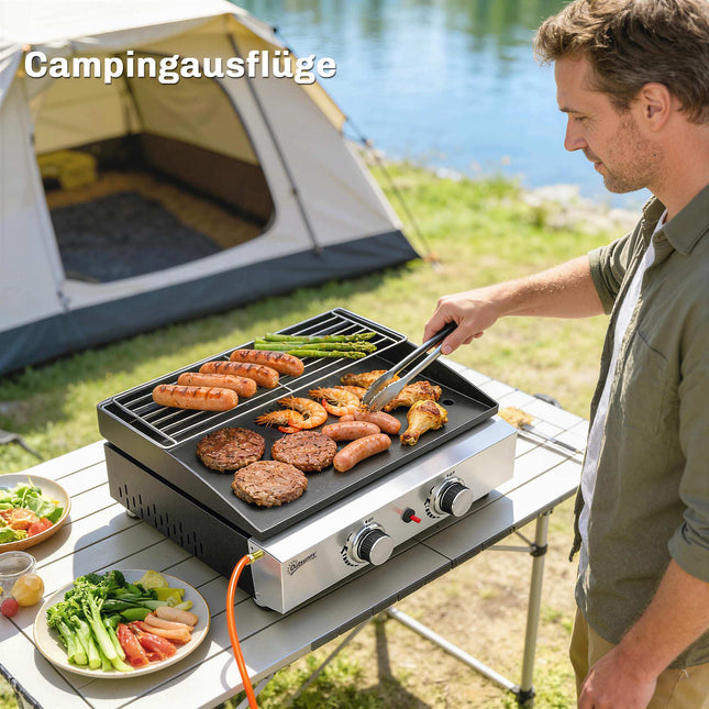 Tragbarer Gasgrill mit 2 Brennern, keramikbeschichteter Rost