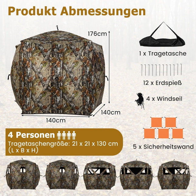 Abri de chasse portable pour 4 personnes avec fenêtres silencieuses