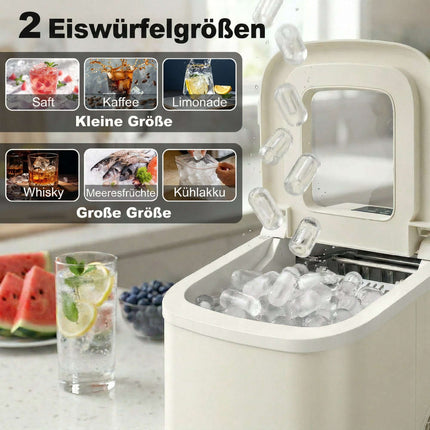 Tragbarer Eiswürfelbereiter mit Selbstreinigung, 12 kg/24 h, Beige