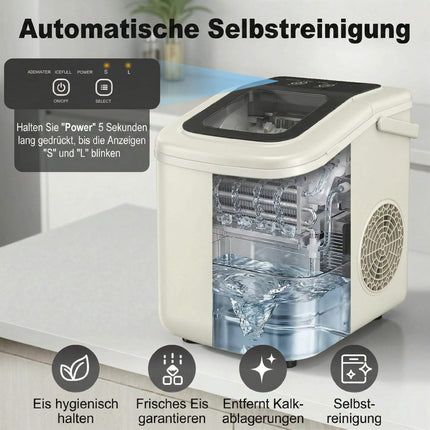 Tragbarer Eiswürfelbereiter mit Selbstreinigung, 12 kg/24 h, Beige