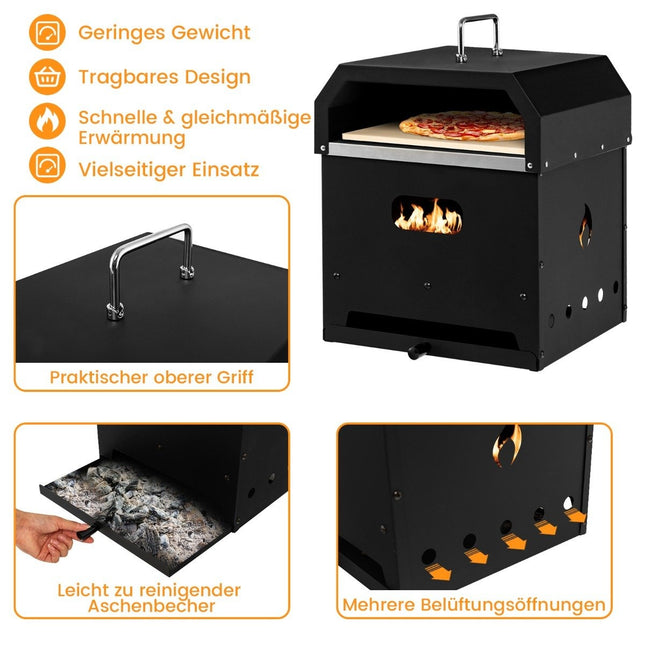 Tragbarer Mehrzweck-Pizzaofen 4-in-1 mit Abdeckung und 2 Schichten, Schwarz
