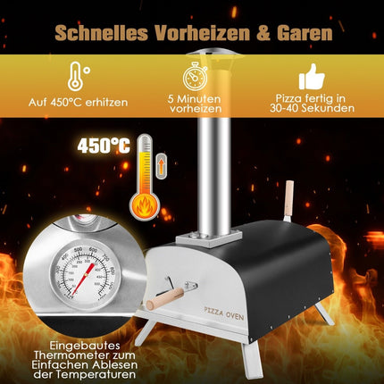 Tragbarer Pizzaofen für den Außenbereich, holzbefeuerter Pizzamaker für den Garten, Silber + Schwarz