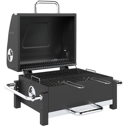 Tragbarer Holzkohlegrill aus Stahl mit Deckel und Thermometer