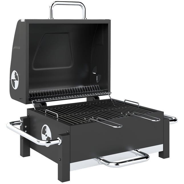 Tragbarer Holzkohlegrill aus Stahl mit Deckel und Thermometer