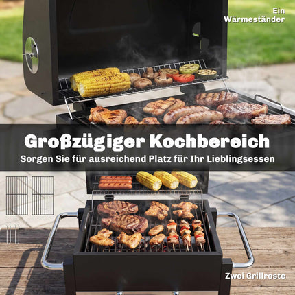 Tragbarer Holzkohlegrill aus Stahl mit Deckel und Thermometer