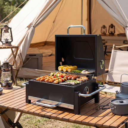 Tragbarer Holzkohlegrill aus Stahl mit Deckel und Thermometer