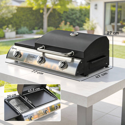 Barbecue à gaz portable de table, 3 brûleurs, grilles émaillées