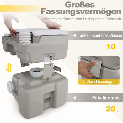 Toilettes portables avec réservoir à déchets de 20 L, pompe et entonnoir, grises