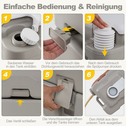 Toilettes portables avec réservoir à déchets de 20 L, pompe et entonnoir, grises