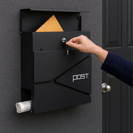 Briefkasten mit Zeitungsfach – Matt-schwarzer Stahl