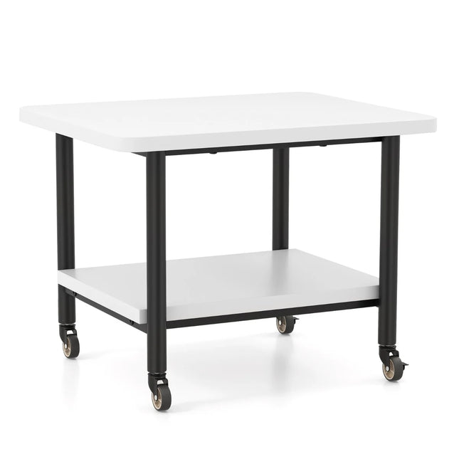 Table d'imprimante avec 2 niveaux et roues verrouillables, support d'imprimante, chariot d'imprimante, blanc