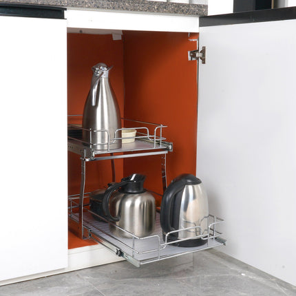 Pull-Out Cabinet Organizer, 2-Tier Steel Slide-Out Shelves